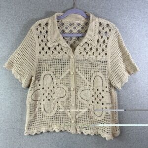 Skies are Blue shirt womens large button up knit crochet beige ivory
